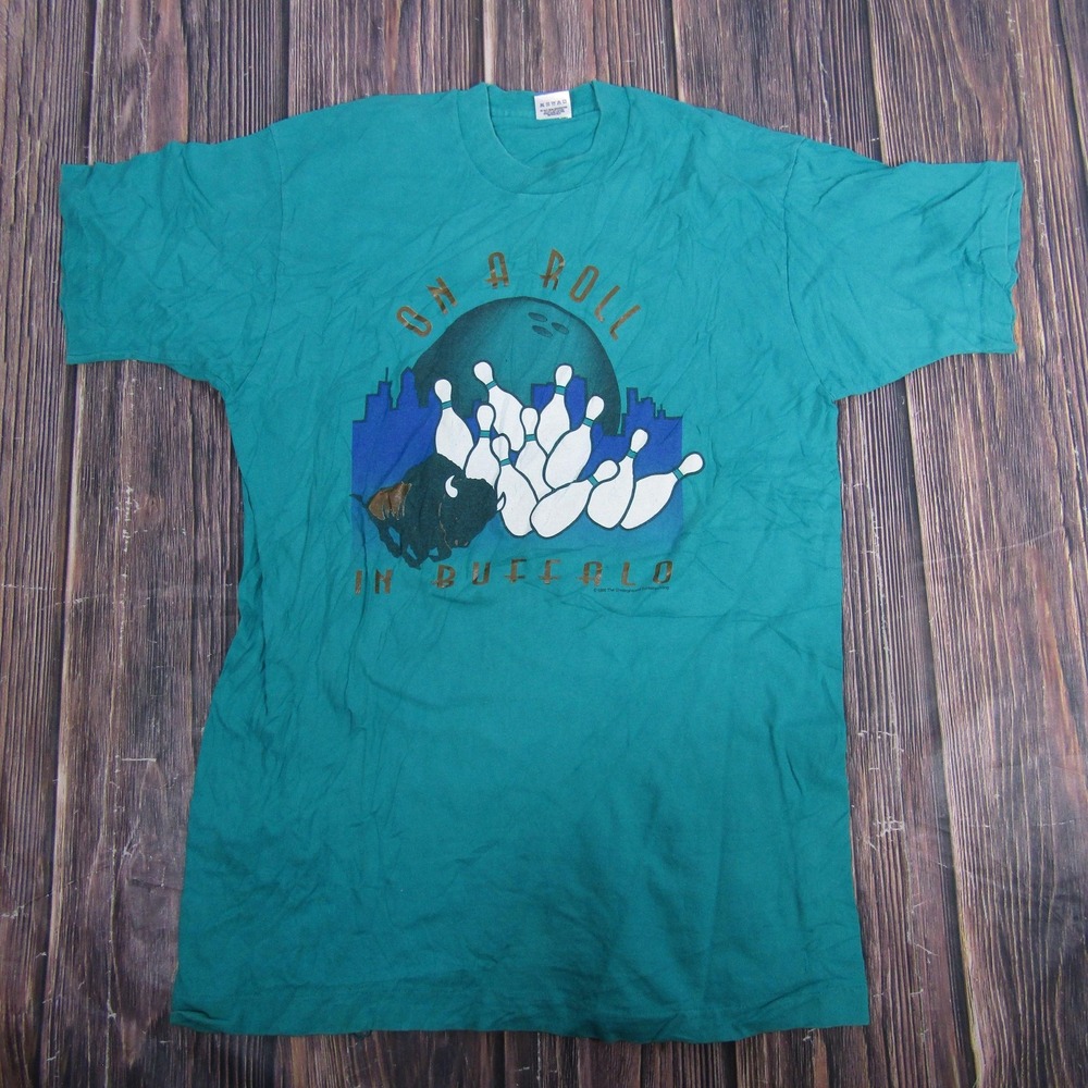 Vintage Buffalo Bowling Shirt Mens Large Green On A Roll Single Stitch 90s
